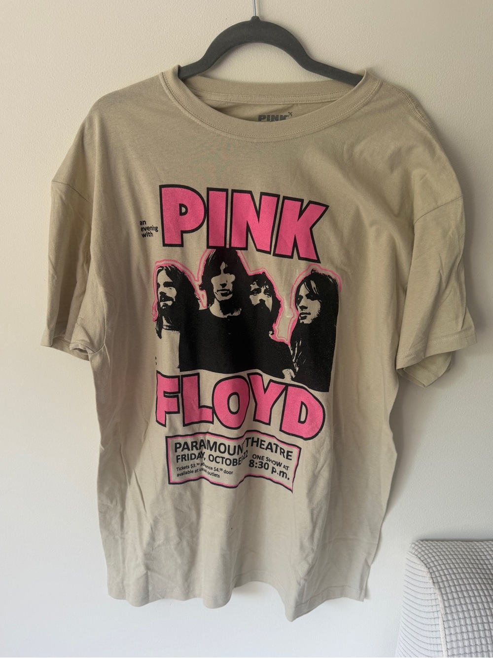 Pink Floyd Beige Tee with Pink and Black Band Print. UNISEX
